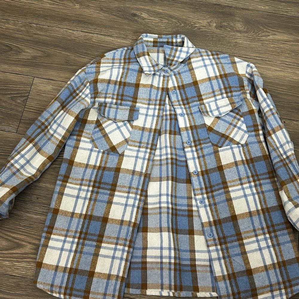 Plaid Button-Up Shirt in Blue and Brown